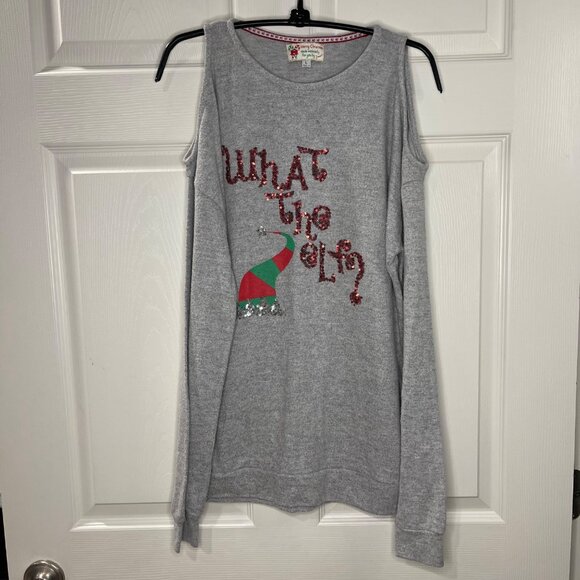 Poof 'What the Elf' Sweater JUNIORS Size Large Ugly Party Holiday Christmas Gray - Picture 2 of 10